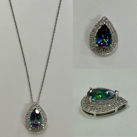 10k 10 karat white gold, mystic topaz, and diamond teardrop pendant necklace - Picture 1 of 11